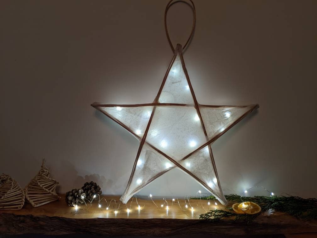 Large Willow Star lantern. Hand made tissue paper lantern. With fairy lights. Christmas lights rustic decoration