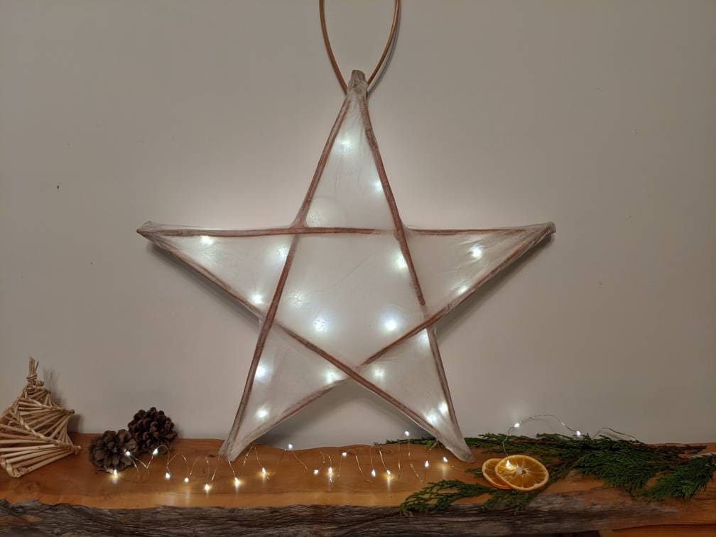 Large Willow Star lantern. Hand made tissue paper lantern. With fairy lights. Christmas lights rustic decoration