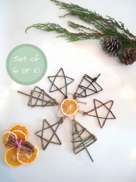 Willow Christmas Gift Toppers: Rustic Star and Tree Ornaments