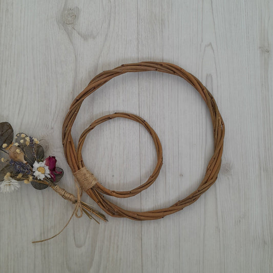 Brown willow hoops for floristry and crafts, double hoop thin wreath base. Wicker hoop in a hoop, hanging willow rings.