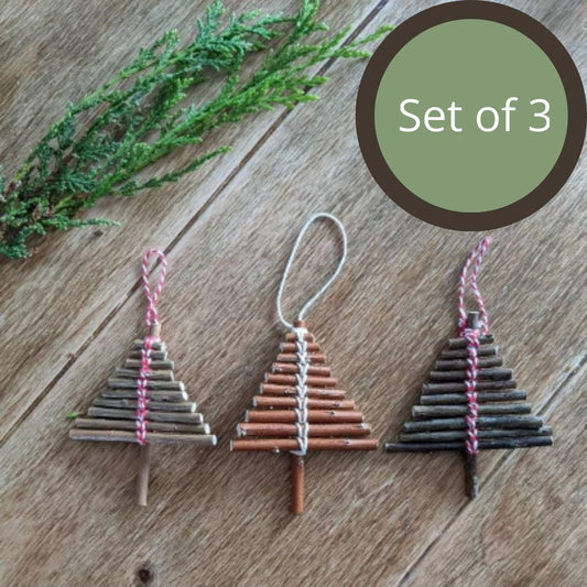 Handmade Willow Christmas Tree Decoration Set, Sustainable Wooden Ornament